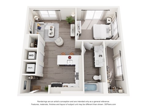 Floor plan for 1 bed, 1 bath, 842 sqft